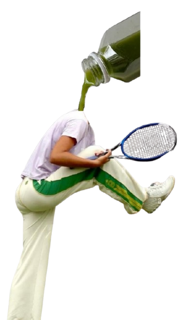 Person with juice bottle head and tennis racket